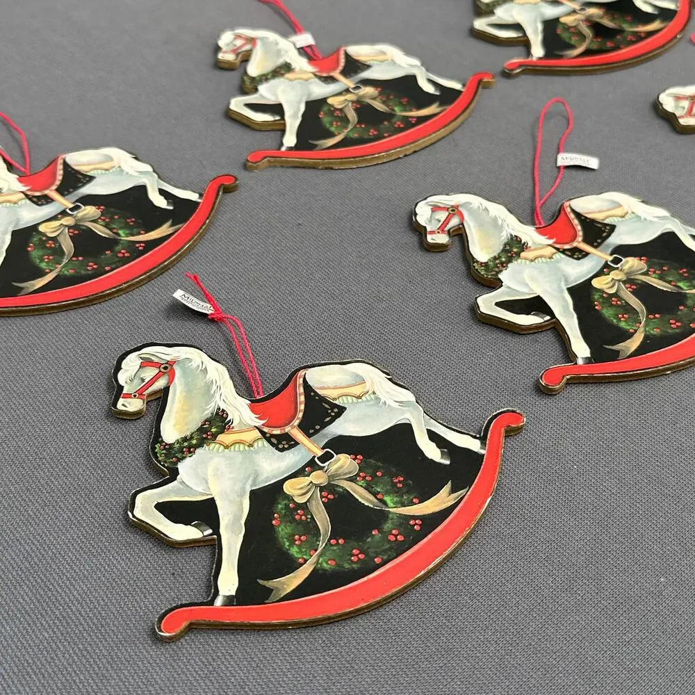 6 pc VTG Rocking Horse Cardboard Die Cut Christmas Tree Ornaments Midwest Import